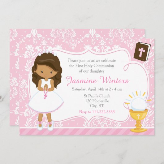 Afroamerikanisches Mädchen Erste Kommune Damask Einladung (Vorne/Hinten)