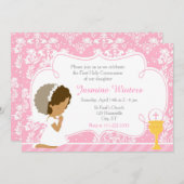 Afroamerikanisches Mädchen Erste Kommune Damask Einladung (Vorne/Hinten)