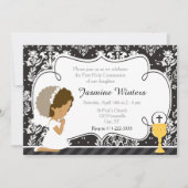 Afroamerikanisches Mädchen Erste Kommune Damask Einladung (Vorderseite)