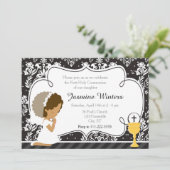 Afroamerikanisches Mädchen Erste Kommune Damask Einladung (Stehend Vorderseite)