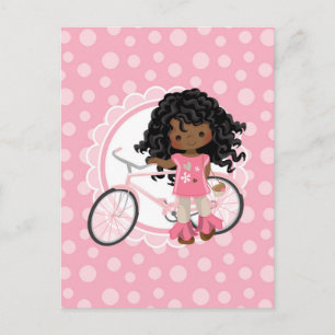 Afroamerikanisches Mädchen mit Fahrrad - Rosa Weiß Postkarte