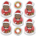 Afroamerikanisches Weihnachtsmädchen mit kurzen Ha Aufkleber<br><div class="desc">Set von sieben Vinyl-Aufklebern mit einer Illustration eines niedlichen,  kleinen,  glücklichen afroamerikanischen Mädchens mit kurzem schwarzem Haar,  das in Weihnachtskleider gekleidet ist und einen roten Weihnachtshut trägt; fünf Aufkleber des Mädchens und zwei Aufkleber mit einem Weihnachtskranz; mit einer anpassbaren Textvorlage für Ihren Namen oder Ihre Nachricht.</div>