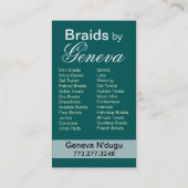 Afrocentric flicht den aquamarinen Haar-Stylisten Visitenkarte (Rückseite)