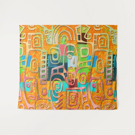 Afrocentric Geometric in Bold Orange & Chrome – Wandteppich (Vorderseite (Horizontal))