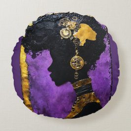Afrofuturistische Steampunkweibchen in Lila Rundes Kissen