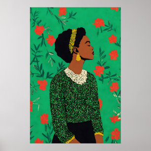 Afrozentrischer Frau-Kunstprint Grüner Floral Gicl Poster