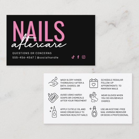 Aftercare Card mit rosa und schwarzen Nägeln Visitenkarte (Vorne/Hinten)