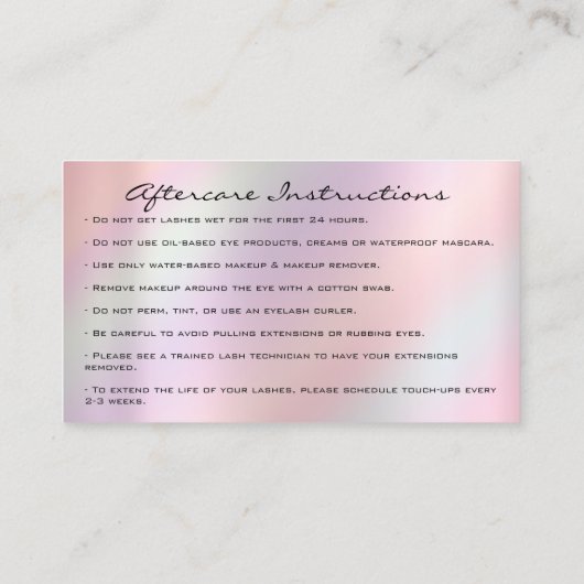 Aftercare Instruction Eyelash Rose Holograph Tropf Visitenkarte (Rückseite)