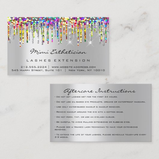 Aftercare Instructions Lash Silver Holograph Tropf Visitenkarte (Vorne/Hinten)