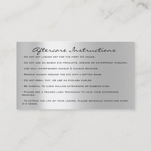 Aftercare Instructions Lash Silver Holograph Tropf Visitenkarte (Rückseite)