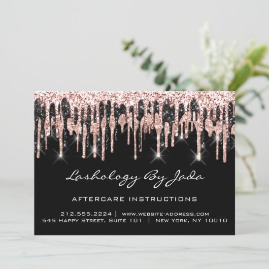 Aftercare Instructions Lashes Back Rose Gold Tropf Einladung (Stehend Vorderseite)
