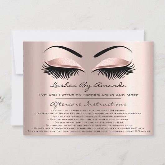 Aftercare Instructions Lashes Rose Brows Makeup Einladung (Vorderseite)