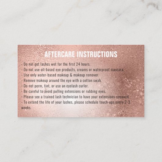 Aftercare Instructions Lashes Rose Gold Sparkle Visitenkarte (Rückseite)