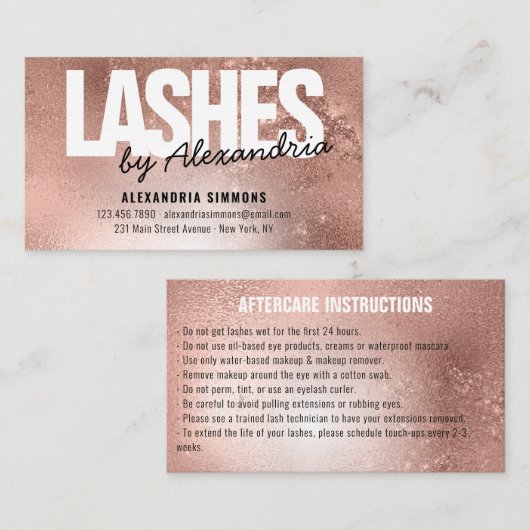 Aftercare Instructions Lashes Rose Gold Sparkle Visitenkarte (Vorne/Hinten)