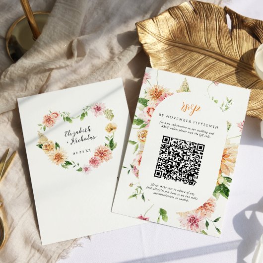 Afterglow Garden Floral Heart QR Code Wedding RSVP Karte
