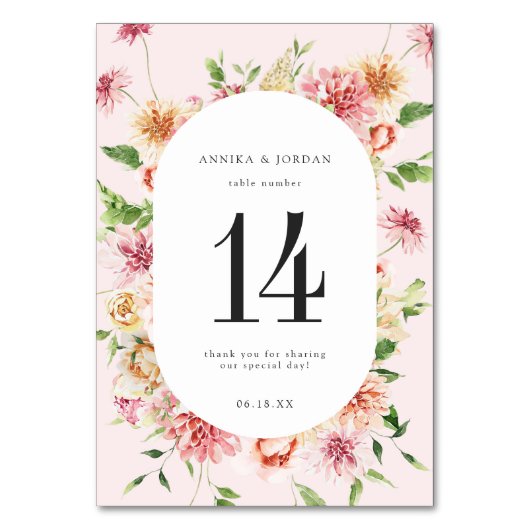 Afterglow Garden Floral Wedding Table Number Tischnummer (Vorderseite)