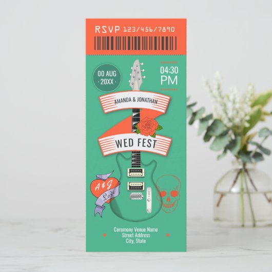 Afterparty Glow Rock ’n’ Roll Wedding Ticket Einladung (Stehend Vorderseite)