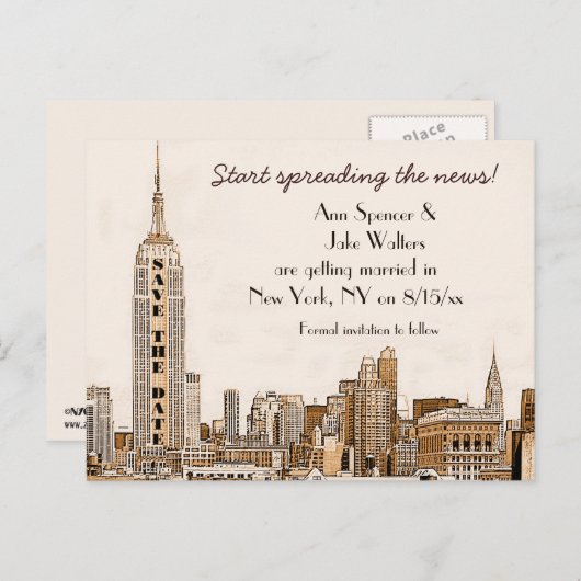 AG - NYC Skyline Etched 01 Save the Date Ankündigungspostkarte (Vorne/Hinten)
