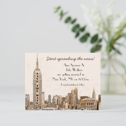 AG - NYC Skyline Etched 01 Save the Date Ankündigungspostkarte (Stehend Vorderseite)