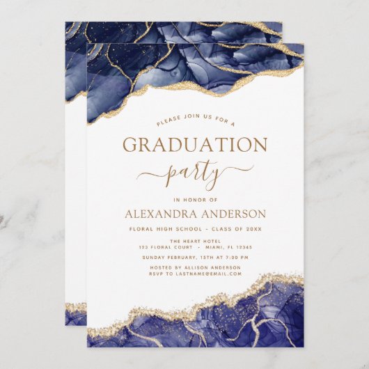 Agate Abschluss Class of 2022 Navy Blue Gold Einladung (Vorne/Hinten)