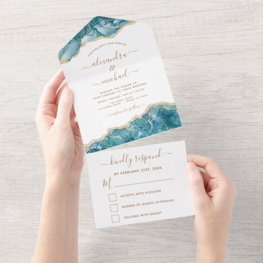 Agate Aqua Turquoise Blue Gold Wedding RSVP All In One Einladung (Abreißen)