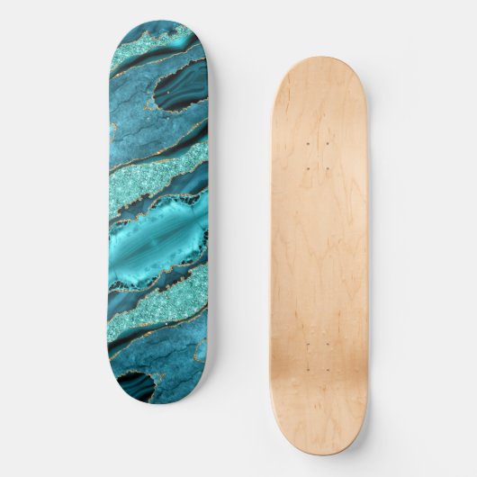 Agate Aquamarin Blue Gold Aqua Türkis Skateboard (Vorderseite)