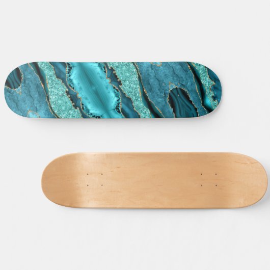 Agate Aquamarin Blue Gold Aqua Türkis Skateboard (Horizontal)