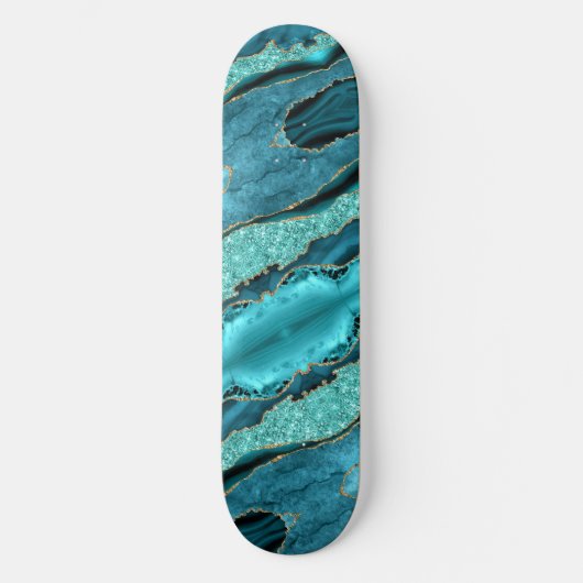 Agate Aquamarin Blue Gold Aqua Türkis Skateboard (Vorderseite)