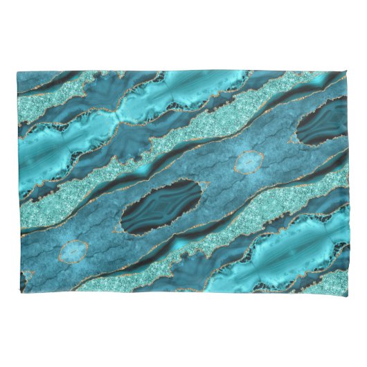 Agate Aquamarin Blue Gold Aqua Turquoise Pillow Ca Kissenbezug (Vorderseite)