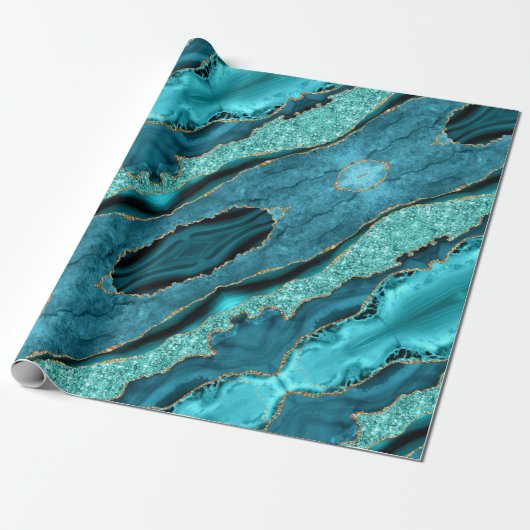 Agate Aquamarin Blue Gold Aqua Wrapping Paper Geschenkpapier (Ungerollt)