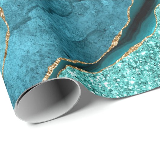 Agate Aquamarin Blue Gold Aqua Wrapping Paper Geschenkpapier (Rolleneckpunkt)