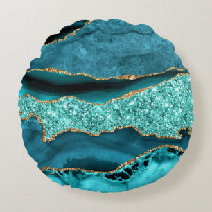 Agate Aquamarin Blue Gold Glitzer Aqua Runder Pill Rundes Kissen