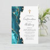 Agate Aquamarin Blue Gold Glitzer Bestätigung Einladung (Stehend Vorderseite)