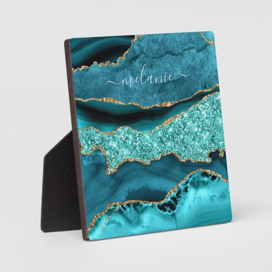 Agate Aquamarin Blue Gold Glitzer Gemstone Individ Fotoplatte (Vorderseite)