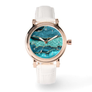 Agate Aquamarin Blue Gold Glitzer Marbella Aqua Armbanduhr