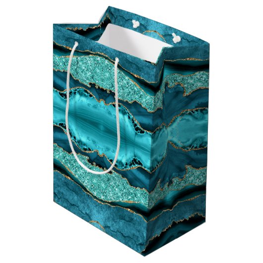 Agate Aquamarin Blue Gold Glitzer Marbella Aqua Ge Mittlere Geschenktüte (Rückseite Schrägansicht)