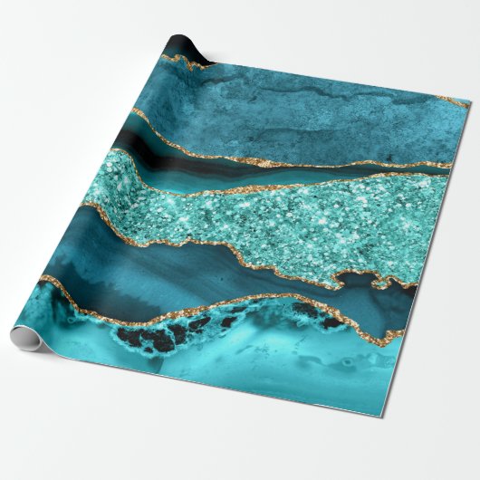 Agate Aquamarin Blue Gold Glitzer Marbella Aqua Geschenkpapier (Ungerollt)