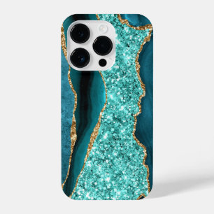Agate Aquamarin Blue Gold Glitzer Marbella Aqua iPhone 14 Pro Hülle