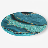 Agate Aquamarin Blue Gold Glitzer Marbella Aqua Pappteller (Schrägansicht)