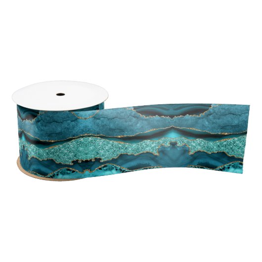 Agate Aquamarin Blue Gold Glitzer Marbella Aqua Satinband (Spule)