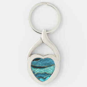 Agate Aquamarin Blue Gold Glitzer Marbella Aqua Schlüsselanhänger