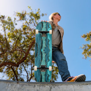 Agate Aquamarin Blue Gold Glitzer Marbella Aqua Skateboard