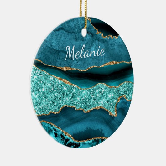 Agate Aquamarin Blue Gold Individuelle Name Aqua T Keramik Ornament (Rechts)