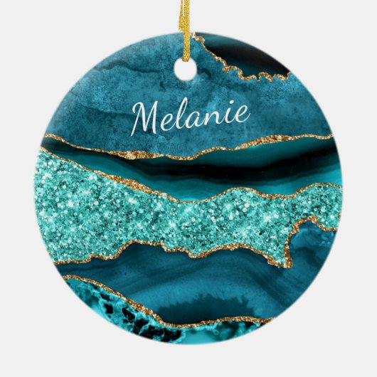 Agate Aquamarin Blue Gold Individuelle Name Aqua T Keramik Ornament (Hinten)