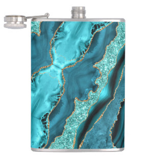 Agate Aquamarin Blue Gold Marmor Aqua Türkis Flask Flachmann
