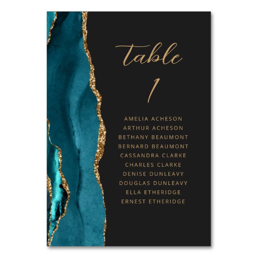 Agate Aquamarin Blue Gold Moderne Script Dark Wedd Tischnummer (Rückseite)