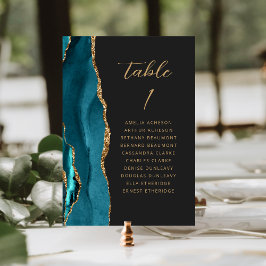 Agate Aquamarin Blue Gold Moderne Script Dark Wedd Tischnummer