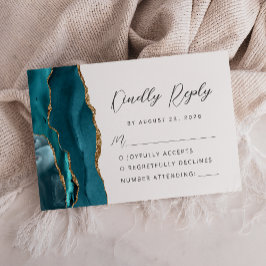 Agate Aquamarin Blue Gold Moderne Script Wedding RSVP Karte