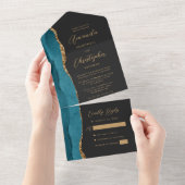 Agate Aquamarin Blue Gold Script Dark All In One Einladung (Abreißen)
