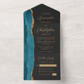Agate Aquamarin Blue Gold Script Dark All In One Einladung (Innen Boden)